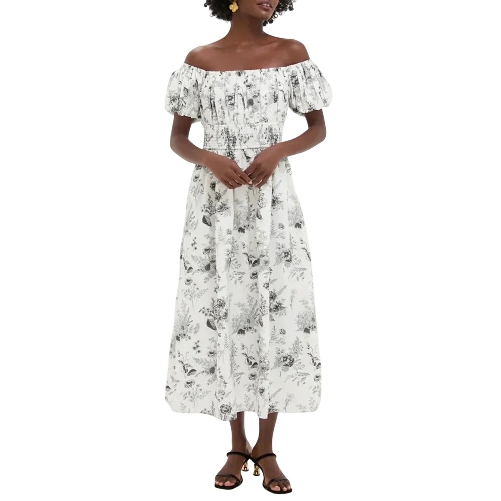 Hyacinth House White Black Helena Smocked Puff Sleeve Midi Dress XS